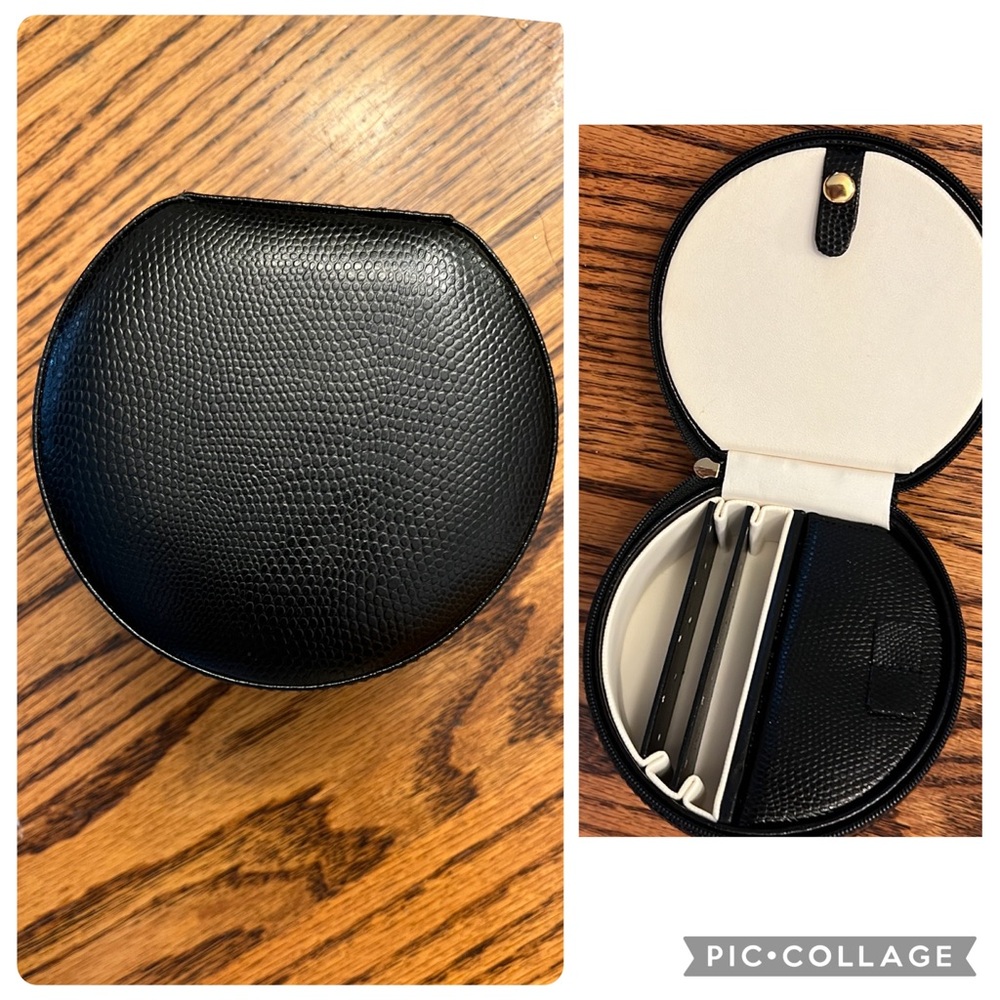 Black Genuine Leather Pebbled Textured Black Round Travel Zippered Jewelry Case